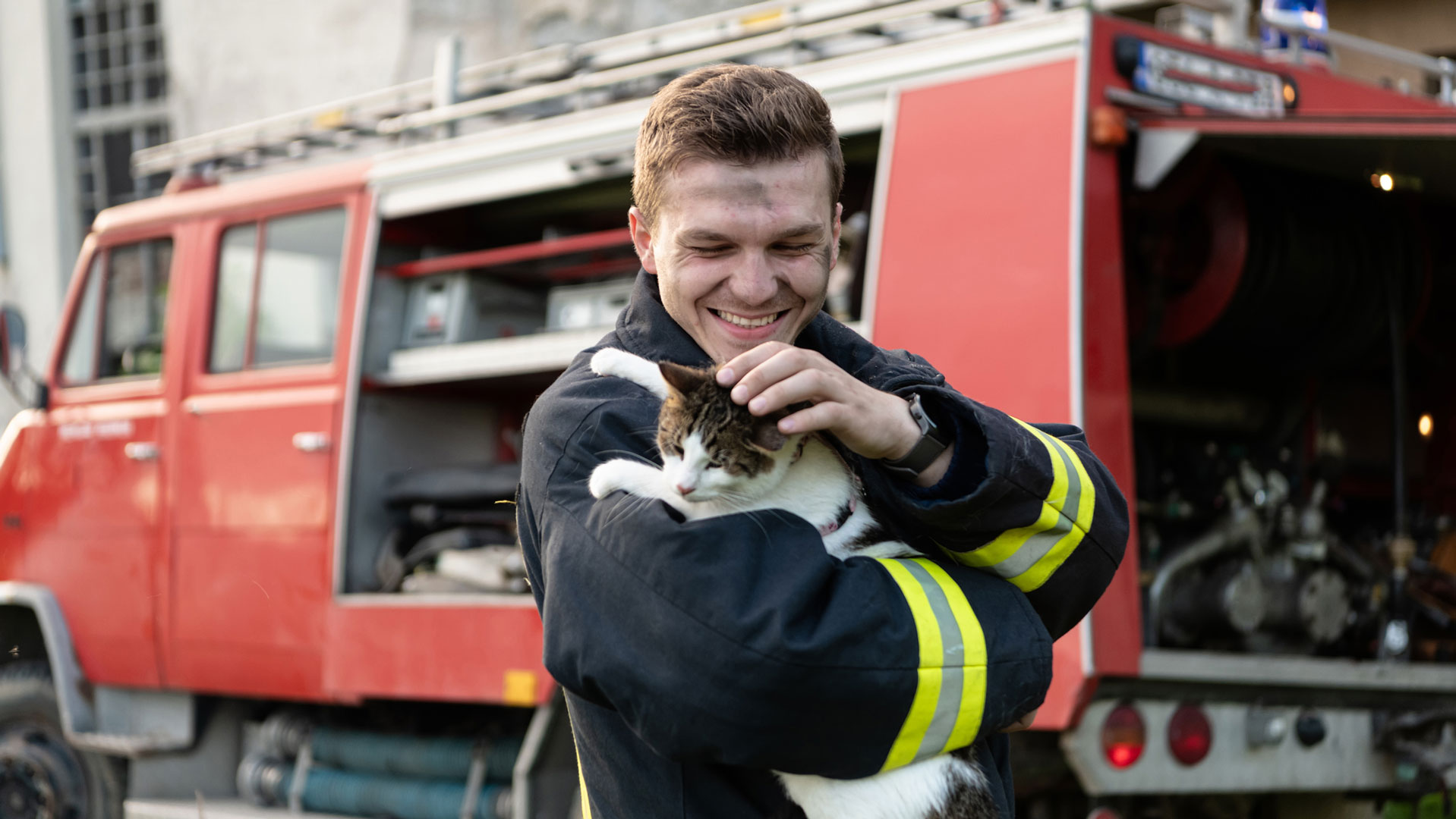 Happy fire fighter holds rescued cat